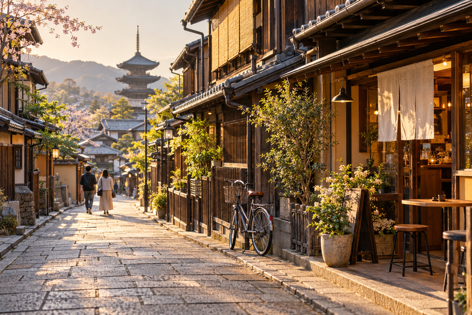 Illustrative photograph of a quiet Kyoto neighborhood in warm morning light